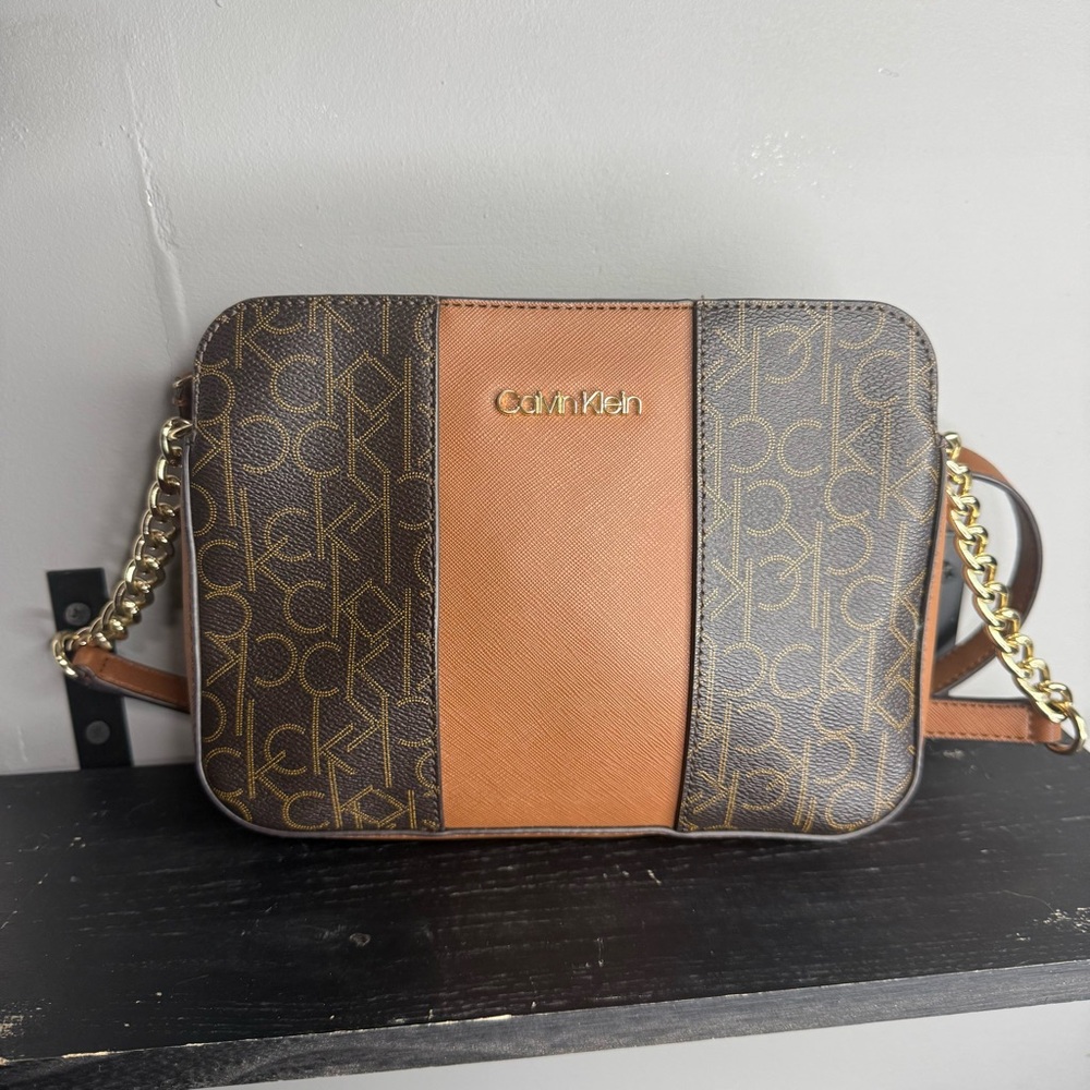 Calvin Klein Brown Monogram Belt Bag with Tan Center Stripe